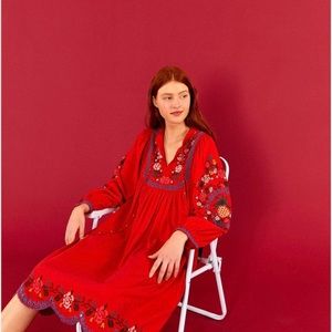 NWT FARM RIO Embroidered Cross Stitch Red Midi Tunic Dress